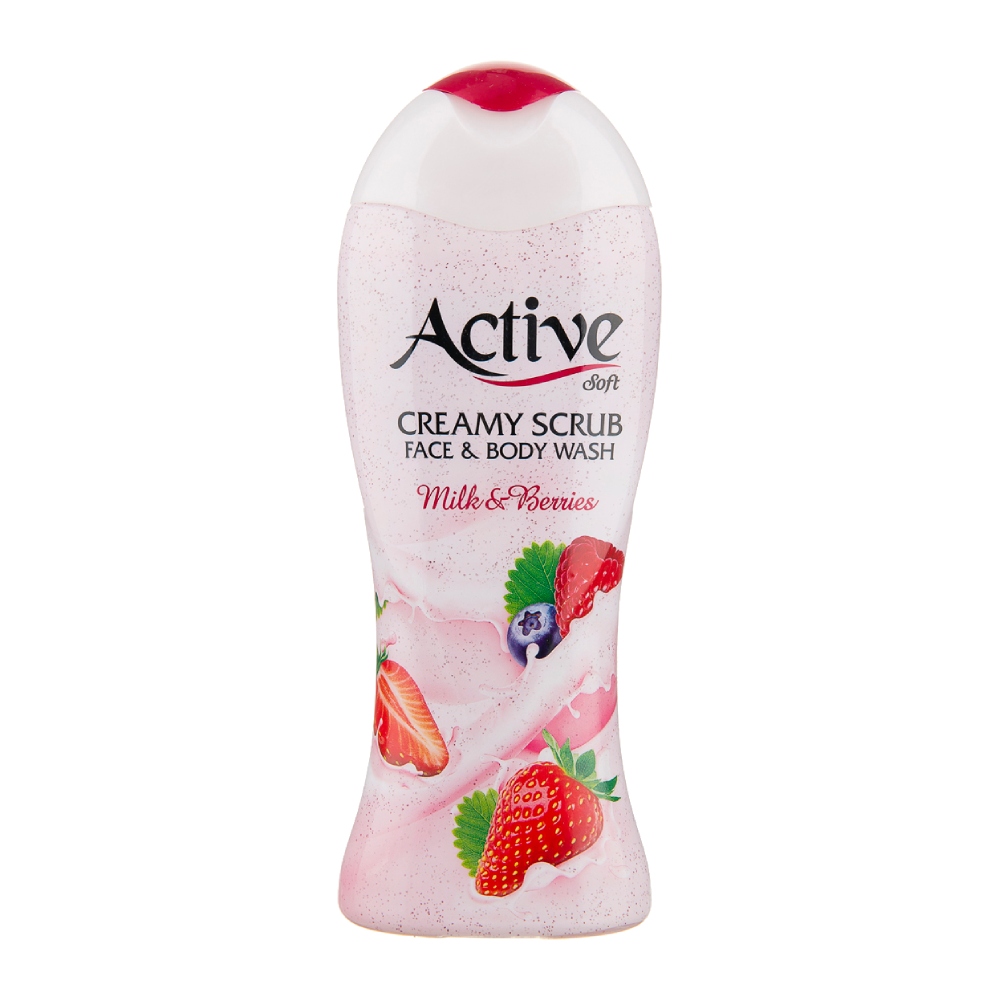 شامپو بدن و صورت اسکراب اکتیو Active مدل Milk And Berry شیر و توت فرنگی حجم 400 میل