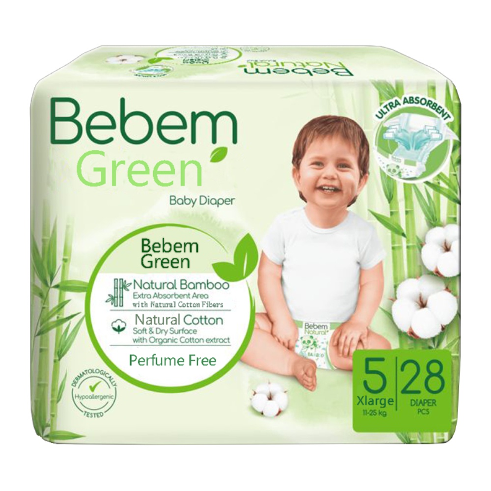 پوشک چسبی ببم سبز Bebem Green سایز 5 مناسب کودکان وزن 11 تا 25 کیلوگرم بسته 28 عددی