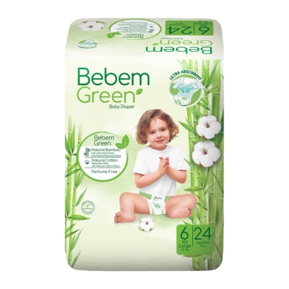 پوشک چسبی ببم سبز Bebem Green سایز 6 مناسب کودکان وزن 16 کیلوگرم به بالا بسته 24 عددی