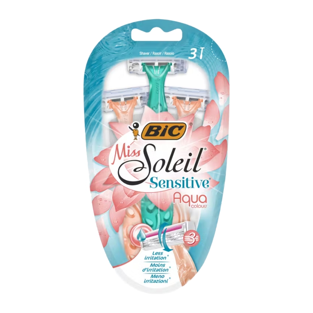 خودتراش یکبار مصرف بیک Bic مدل Miss Soleil Sensitive Aqua مناسب پوست حساس بسته 3 عددی