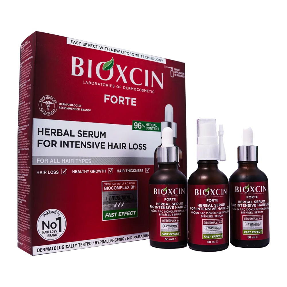 سرم مو ضد ریزش Bioxcin  مدل Forte مناسب انواع مو بسته سه عددی حجم 150 میل