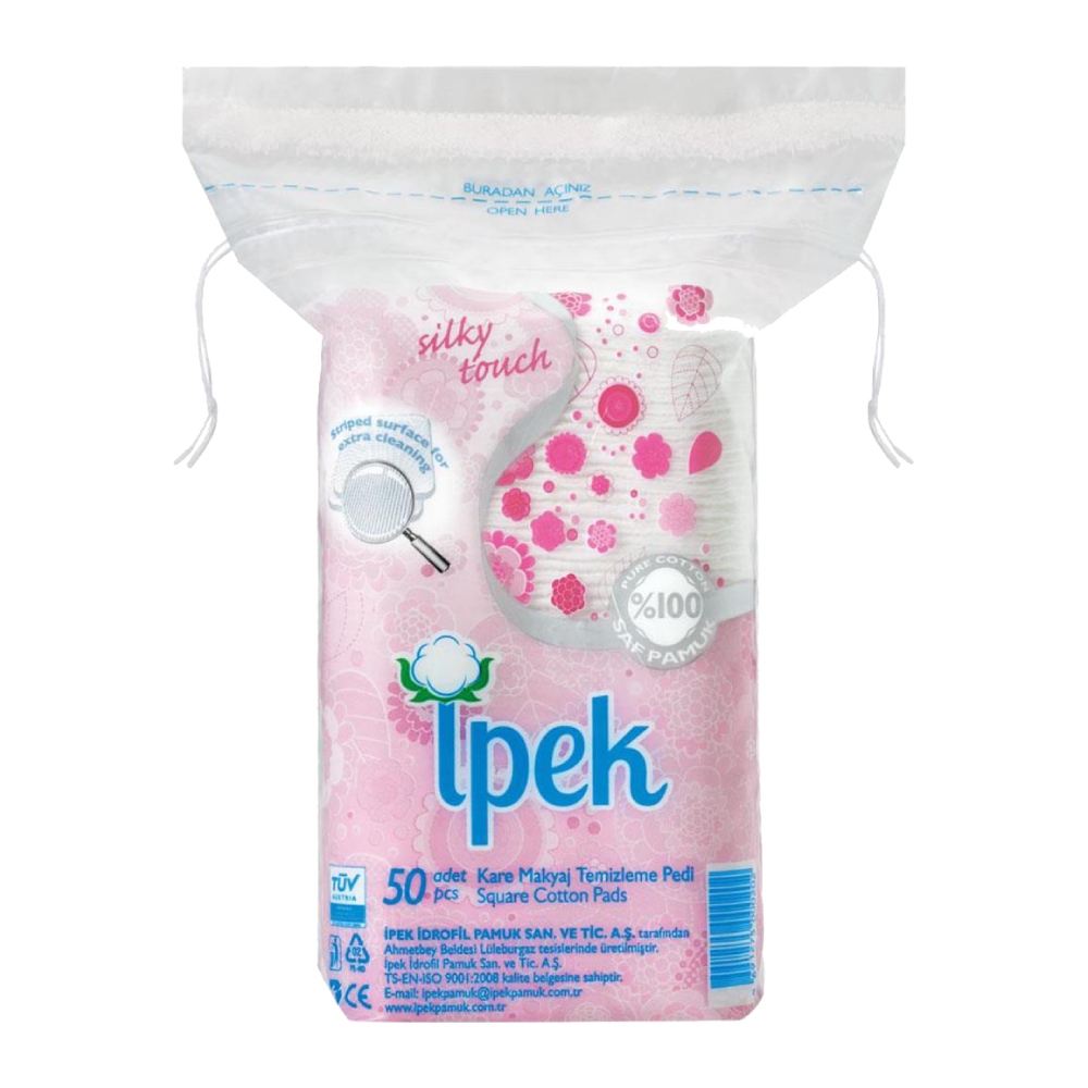 پد آرایش پاک کن مربعی Ipek مدل Soft Square تهیه شده از پنبه خالص بسته 50 عددی