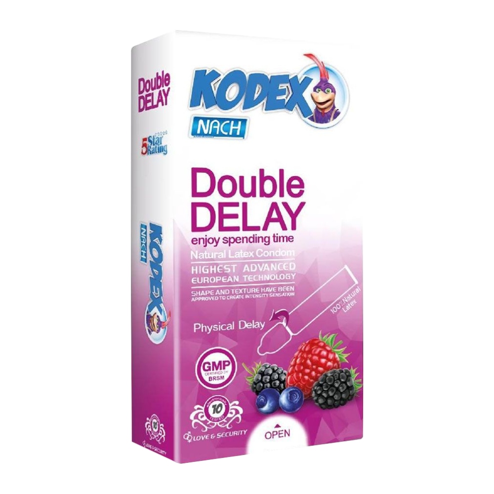 کاندوم تاخیری کدکس Kodex مدل Double Delay رایحه میوه ای بسته 10 عددی