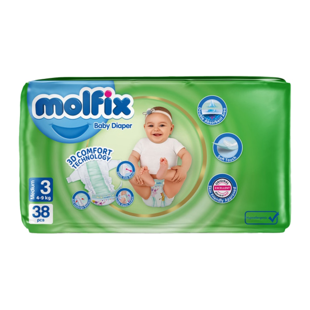 پوشک کودک مولفیکس Molfix سایز 3 مناسب وزن 4 تا 9 کیلو گرم بسته 38 عددی