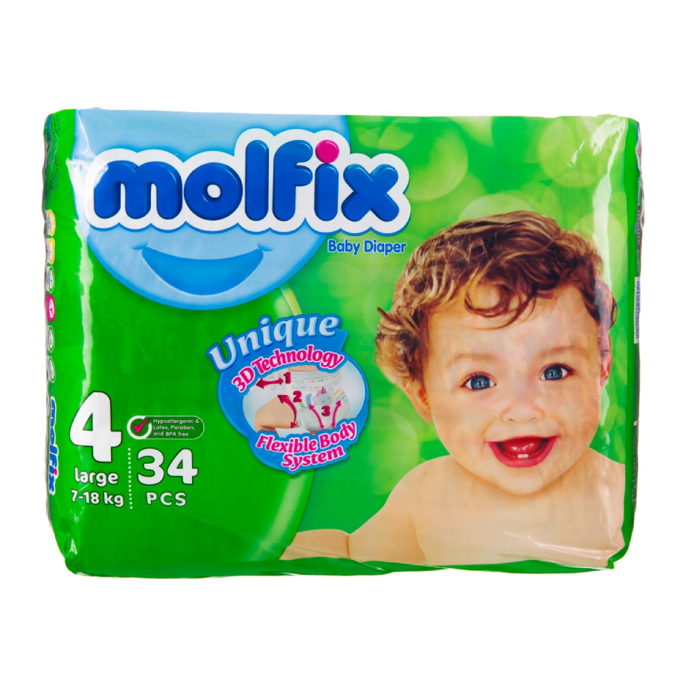 پوشک کودک مولفیکس Molfix سایز 4 مناسب وزن 7 تا 18 کیلو گرم بسته 34 عددی