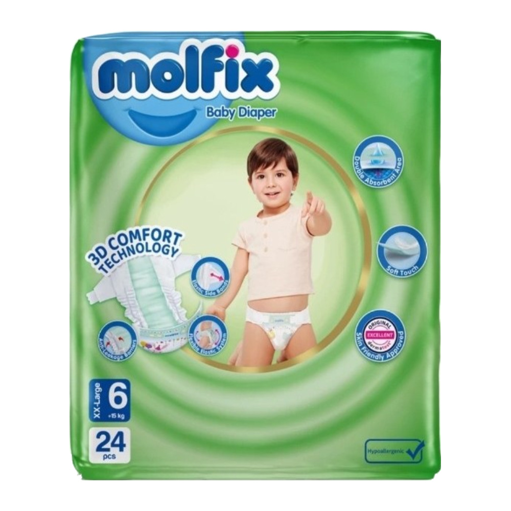 پوشک کودک مولفیکس Molfix سایز 6 مناسب وزن 15 کیلو گرم به بالا بسته 24 عددی