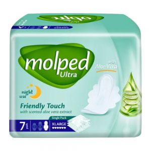 پد بهداشتی بالدار شبانه مولپد Molped سری Friendly Touch حاوی عصاره آلوئه ورا بسته 7 عددی