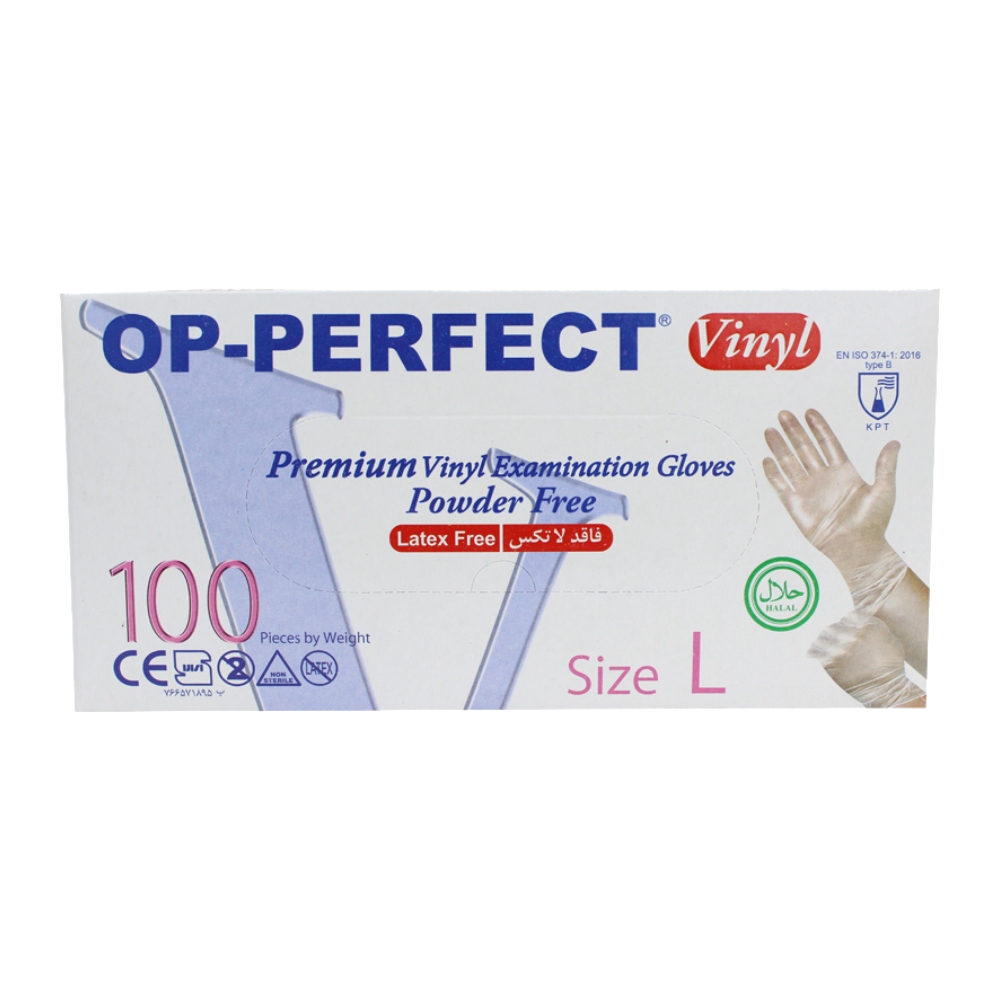 دستکش یکبار مصرف Op-Perfect مدل Vinyl سایز بزرگ بسته 100 عددی