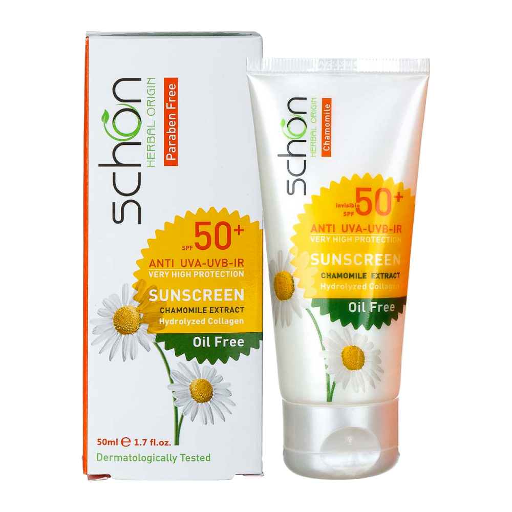 کرم ضد آفتاب بی رنگ شون Schon حاوی SPF50 حاوی عصاره بابونه حجم 50 میل