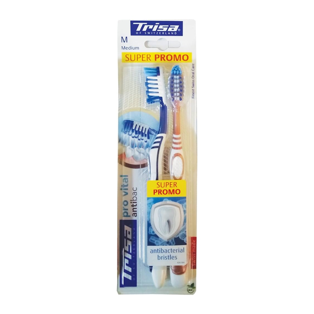 مسواک مدیوم Trisa مدل Pro Vital الیاف آنتی باکتریال بسته 2 عددی