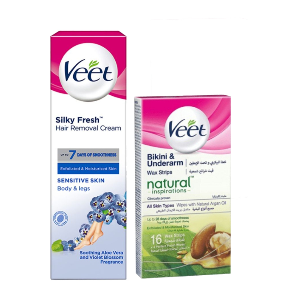 پک دوتایی مو بر ویت Veet حاوی یک بسته کرم موبر و یک بسته نوار موبر پک 2 عددی